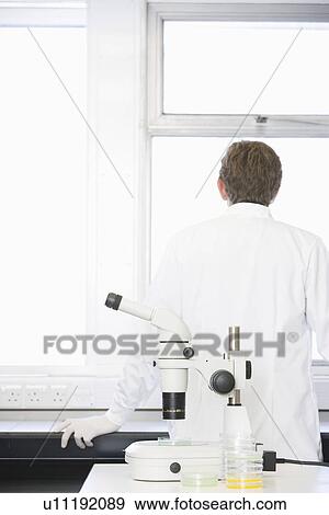 Stock Photo - Scientist standing behind microscope in laboratory. Fotosearch