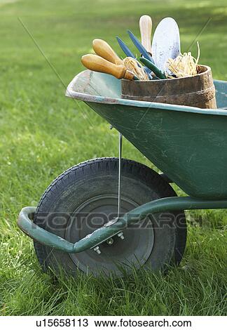 Stock Image - Wheelbarrow with Gardening Tools. Fotosearch