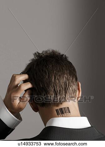Young man with bar code tattoo on his neck, scratching head, back view View Large Photo Image Stock Image - Young man with bar code tattoo on his neck, scratching head, back view. Fotosearch