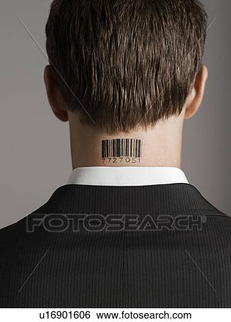 Young man with bar code tattoo on his neck, back view View Large Photo Image Stock Photograph - Young man with bar code tattoo on his neck, back view. Fotosearch