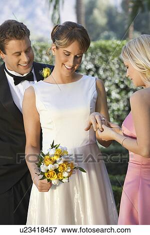 Bride showing ring to bridesmaid, groom looking on View Large Photo Image Stock Photo - Bride showing ring to bridesmaid, groom looking on. Fotosearch