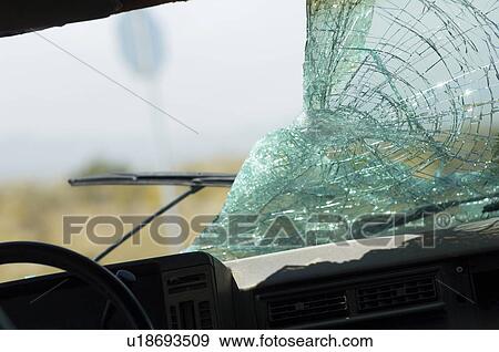 Stock Photo - Broken car windshield, view from interior. Fotosearch