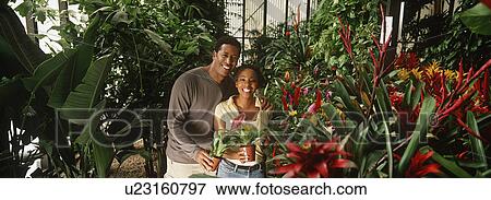 Couple holding plants at garden center, portrait View Large Photo Image Stock Photo - Couple holding plants at garden center, portrait. Fotosearch