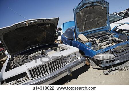 Damaged cars in junkyard View Large Photo Image Stock Image - Damaged cars in junkyard. Fotosearch