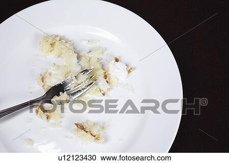 Stock Image - Fork and cake crumbs on plate, view from above. Fotosearch