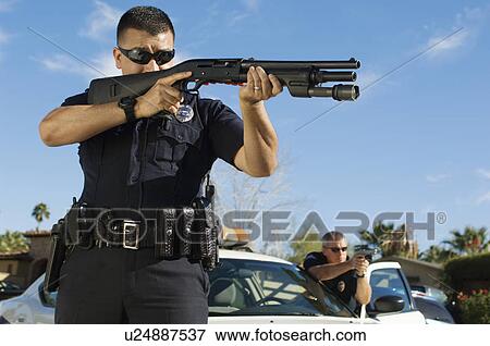 Police Officer Aiming Shotgun View Large Photo Image Stock Photo - Police Officer Aiming Shotgun. Fotosearch