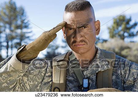 Stock Photograph - Portrait of saluting soldier. Fotosearch