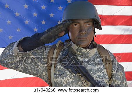 Stock Photo - Portrait of US Army soldier saluting. Fotosearch