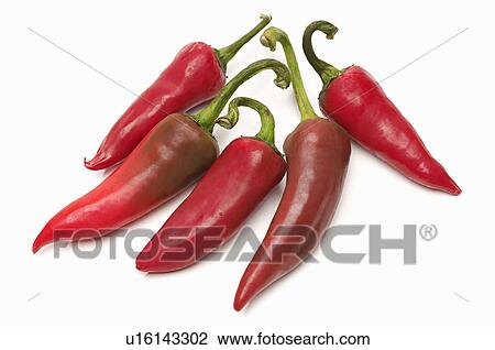Stock Image - Red chili peppers on white background. Fotosearch