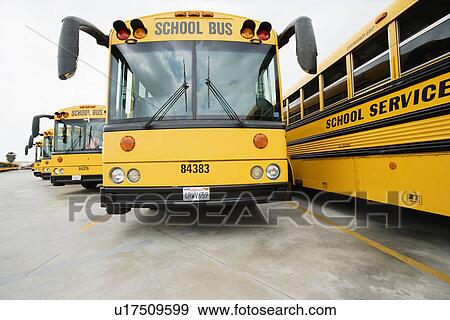 Stock Photo - School Busses Parked in Lot. Fotosearch
