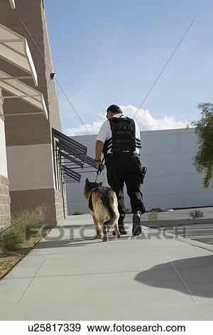 Stock Photo - Security guard with dog on patrol. Fotosearch