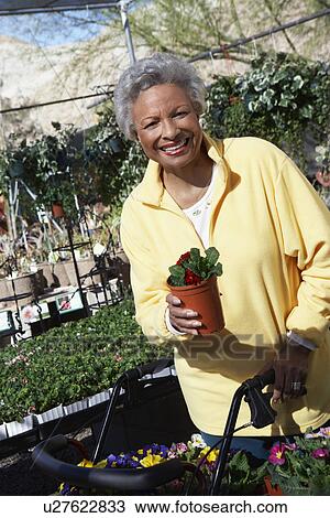 Stock Image - Senior woman in garden center. Fotosearch