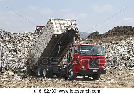 Stock Photo - Truck dumping waste at landfill site. Fotosearch