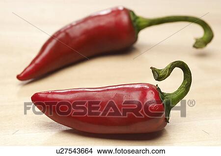 Picture - Two red chili peppers, close-up. Fotosearch