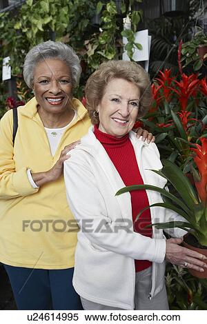 Stock Photography - Two senior women in garden center. Fotosearch