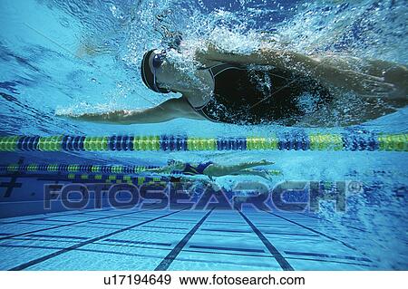 Stock Photo - Underwater view of swimmers in pool. Fotosearch