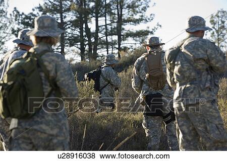 Stock Photo - US army soldiers during training in forest, selective focus. Fotosearch