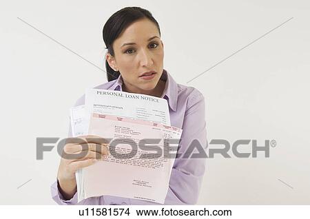 Picture - Woman Holding Bills. Fotosearch