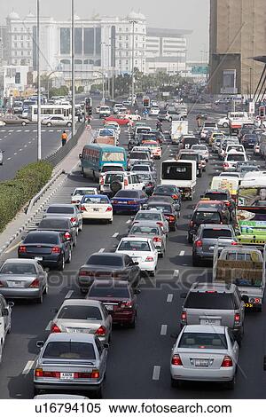 Stock Photography - Dubai, UAE, Traffic is backed up on Al-Maktoum Road in Deira; traffic in Dubai during morning.. Fotosearch