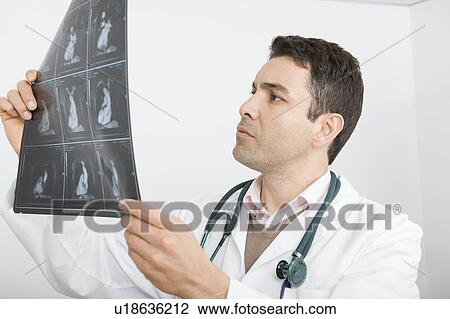 Stock Image - Mid adult doctor examines x-ray. Fotosearch