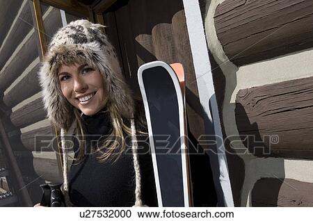 Stock Image - Skier Wearing Fur Ski Hat. Fotosearch