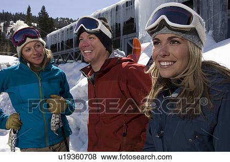 Three Skiers at Ski Resort View Large Photo Image Stock Photo - Three Skiers at Ski Resort. Fotosearch