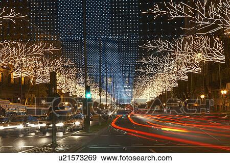 Traffic Light Trails on Decorated Street View Large Photo Image Stock Photo - Traffic Light Trails on Decorated Street. Fotosearch