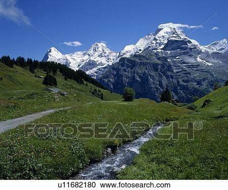 Stock Image - Murren, Eigar, Monch, Jungfrau, Bern, Switzerland. Fotosearch