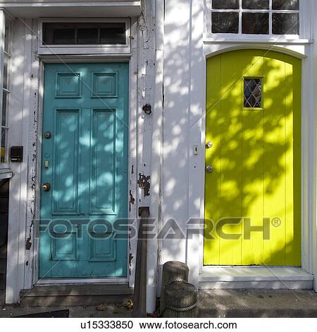 Stock Image - Colorful doors in the Hamptons. Fotosearch