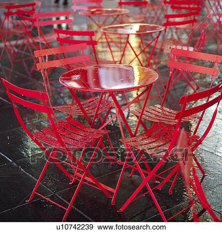 Stock Photo - Empty tables and chairs in Times Square Manhattan, New York City, U. S. A.. Fotosearch