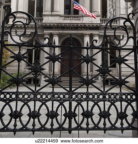 Stock Photo - Fencing around the Old City Hall in Boston, Massachusetts, USA. Fotosearch