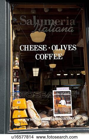 Picture - Front window of a deli in Boston, Massachusetts, USA. Fotosearch