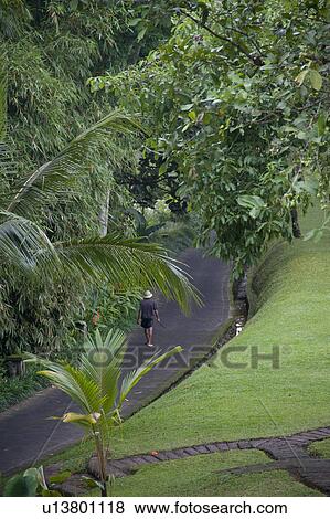 Stock Photo - Man walking along a pathway in Bali. Fotosearch