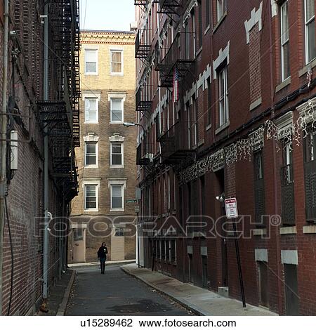Stock Image - Narrow street in Boston, Massachusetts, USA. Fotosearch