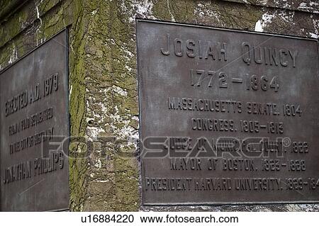 Stock Image - Plaque on the Josiah Quincy III statue in Boston, Massachusetts, USA. Fotosearch