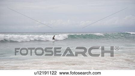 Stock Image - Surfer along coastline in Bali. Fotosearch