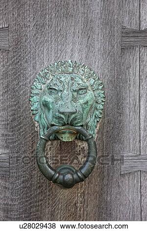 Northumberland, England; An Iron Lion Door Knocker On A Wooden Door View Large Photo Image Stock Photo - Northumberland, England; An Iron Lion Door Knocker On A Wooden Door. Fotosearch