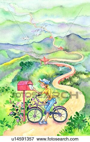 Stock Photo - Animal, Watercolor painting of a boy putting a letter to mailbox. Fotosearch