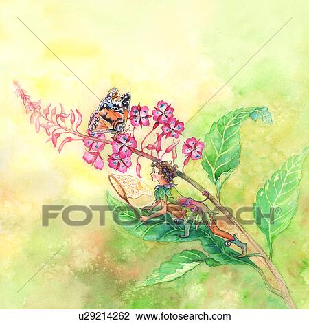 Stock Image - Animal, Watercolor painting of young man catching butterfly. Fotosearch