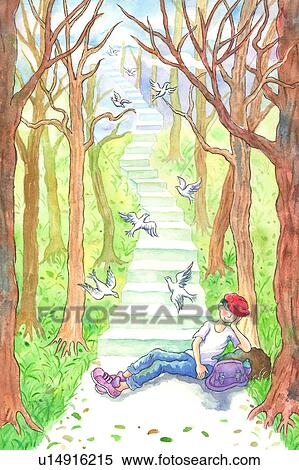 Stock Photography - Animal, Watercolor painting of young man napping in the woods. Fotosearch
