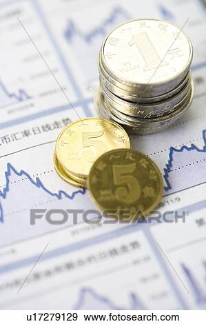 Stock Photo - Chinese Currency coins on a diagram. Fotosearch