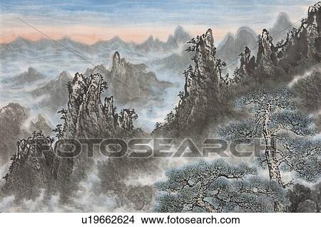 Chinese Fine art, Traditional Chinese Painting, Mountain Range View Large Photo Image Picture - Chinese Fine art, Traditional Chinese Painting, Mountain Range. Fotosearch