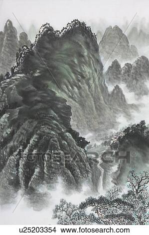 Chinese Fine art, Traditional Chinese Painting, Mountain View Large Photo Image Picture - Chinese Fine art, Traditional Chinese Painting, Mountain. Fotosearch