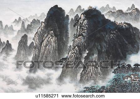 Chinese Fine art, Traditional Chinese Painting, Mountain Range View Large Photo Image Stock Image - Chinese Fine art, Traditional Chinese Painting, Mountain Range. Fotosearch