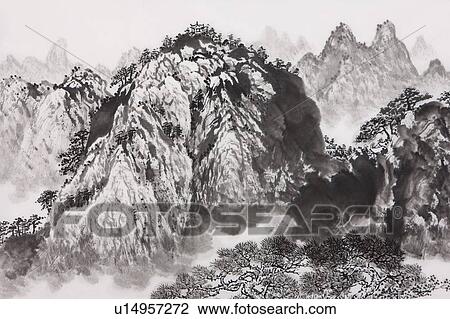 Stock Image - Chinese Fine art, Traditional Chinese Painting, Mountain. Fotosearch