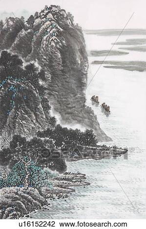 Stock Image - Chinese Fine art, Traditional Chinese Painting, River, Mountain. Fotosearch