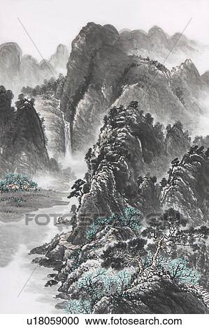 Stock Image - Chinese Fine art, Traditional Chinese Painting, Mountain Range. Fotosearch
