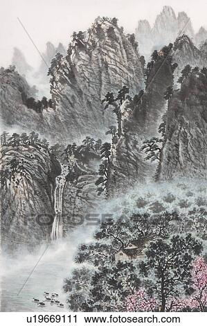 Stock Image - Chinese Fine art, Traditional Chinese Painting, Mountain. Fotosearch
