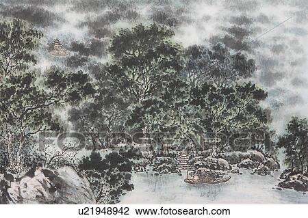 Stock Image - Chinese Fine art, Traditional Chinese Painting, Woods. Fotosearch