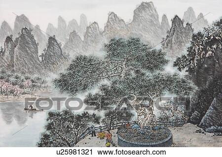 Chinese Fine art, Traditional Chinese Painting, River, Mountain View Large Photo Image Stock Image - Chinese Fine art, Traditional Chinese Painting, River, Mountain. Fotosearch